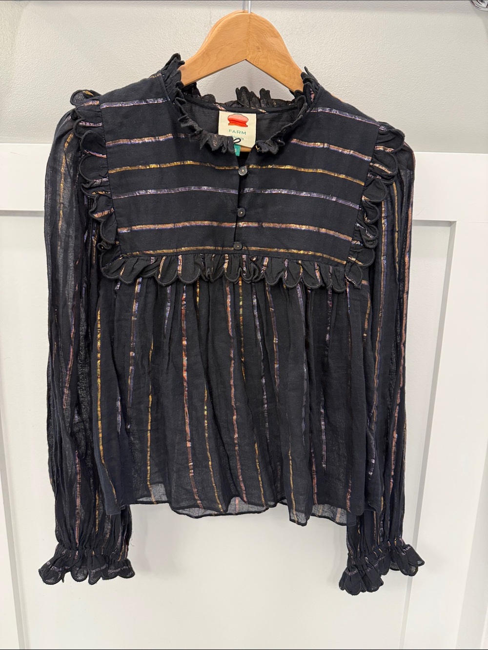 FARM Rio Black Sheer Blouse with Metallic Stripe Ruffles